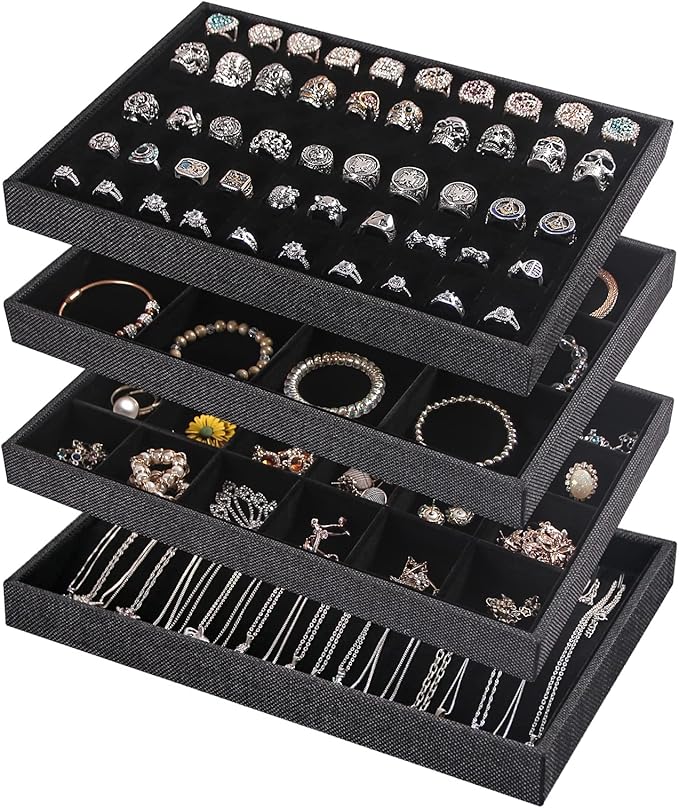 Julysky 4 Pcs/set Stackable Jewelry Organizer Trays for Drawer,100 Slots Ring Trayï¼Necklace Tray,12 Grid,24 Grid Jewelry Displays for Selling,Black