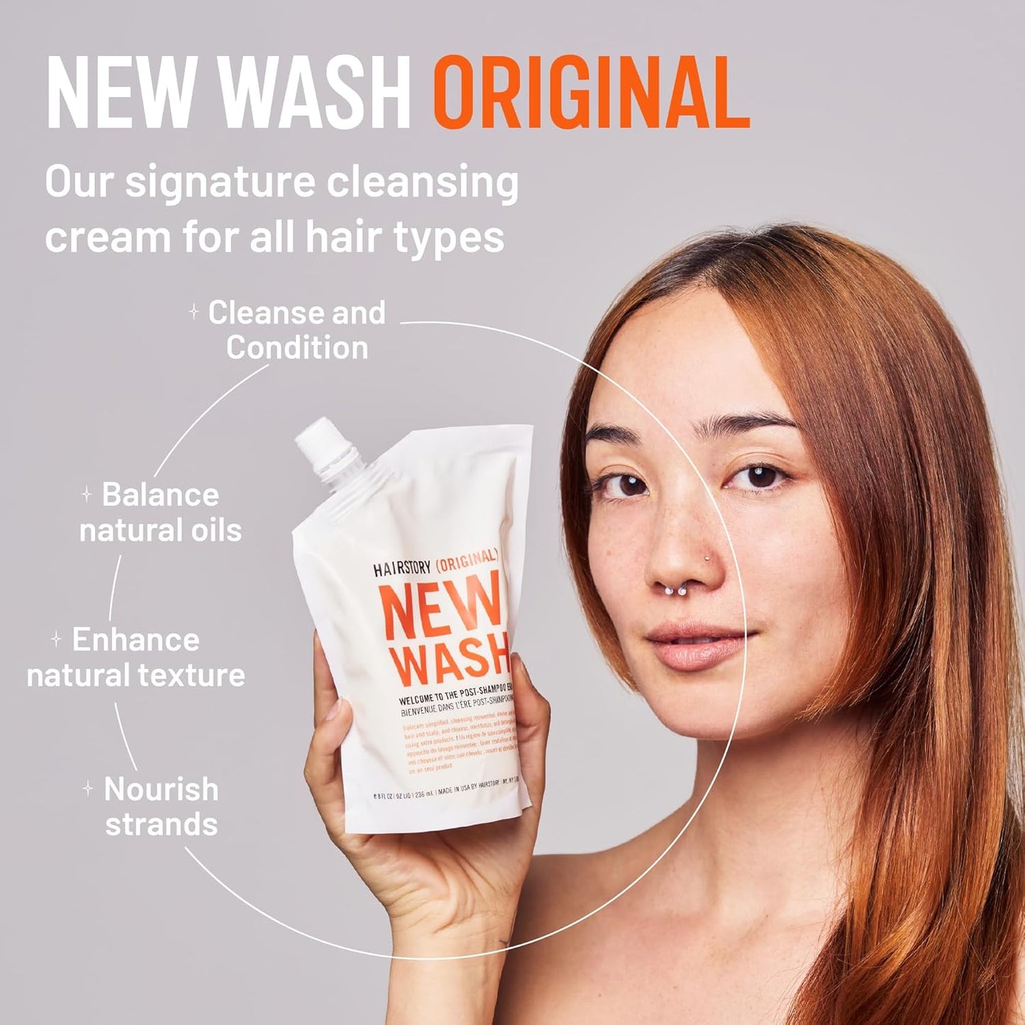 Hairstory New Wash Original with Scalp Brush, Cleansing Cream for All Hair Types, Detergent Free Shampoo & Conditioner Alternative, Promotes Scalp Health, 8oz