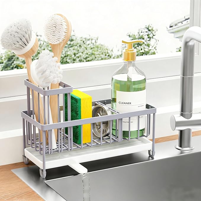Cisily Sponge Holder for Kitchen Sink, Sink Caddy Organizer with High Brush Holder, Kitchen Countertop Organizers and Storage Essentials, Rustproof 304 Stainless Steel (Gray, 9.25â³)