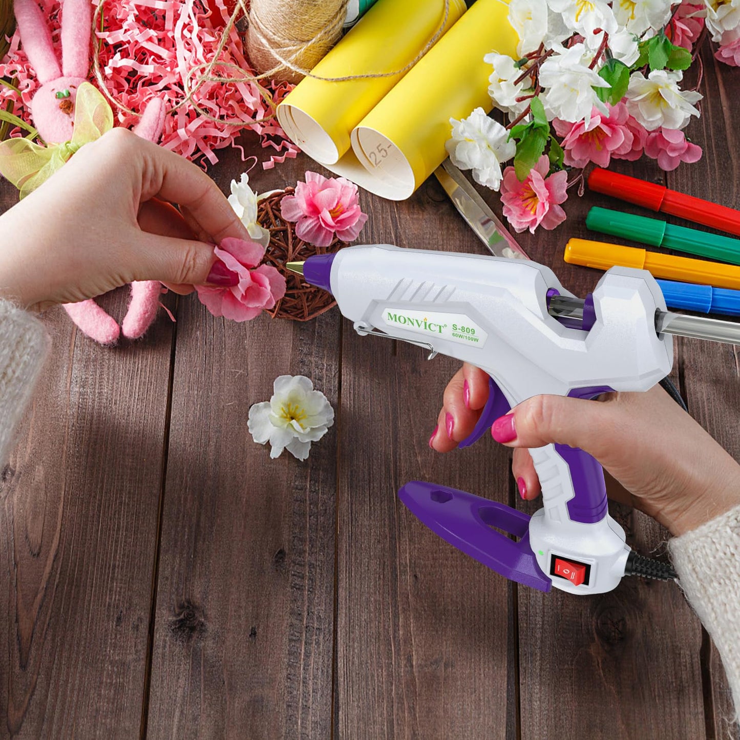 MONVICT Full Size Hot Glue Gun with 60/100W and On/Off Switch, Dual Temp Heavy Duty Industrial Hot Melt Glue Gun with 15 Hot Glue Sticks (7/16") and 3 Finger Protectors for Craft, DIY and Repairs