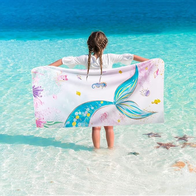 WERNNSAI Mermaid Kids Beach Towel - 30” x 60” Microfiber Mermaid Sand Free Towels for Girls Bath Pool Camping Travel Towel Quick Dry Ultra Absorbent Super Soft Beach Blanket Bath Shower Towel