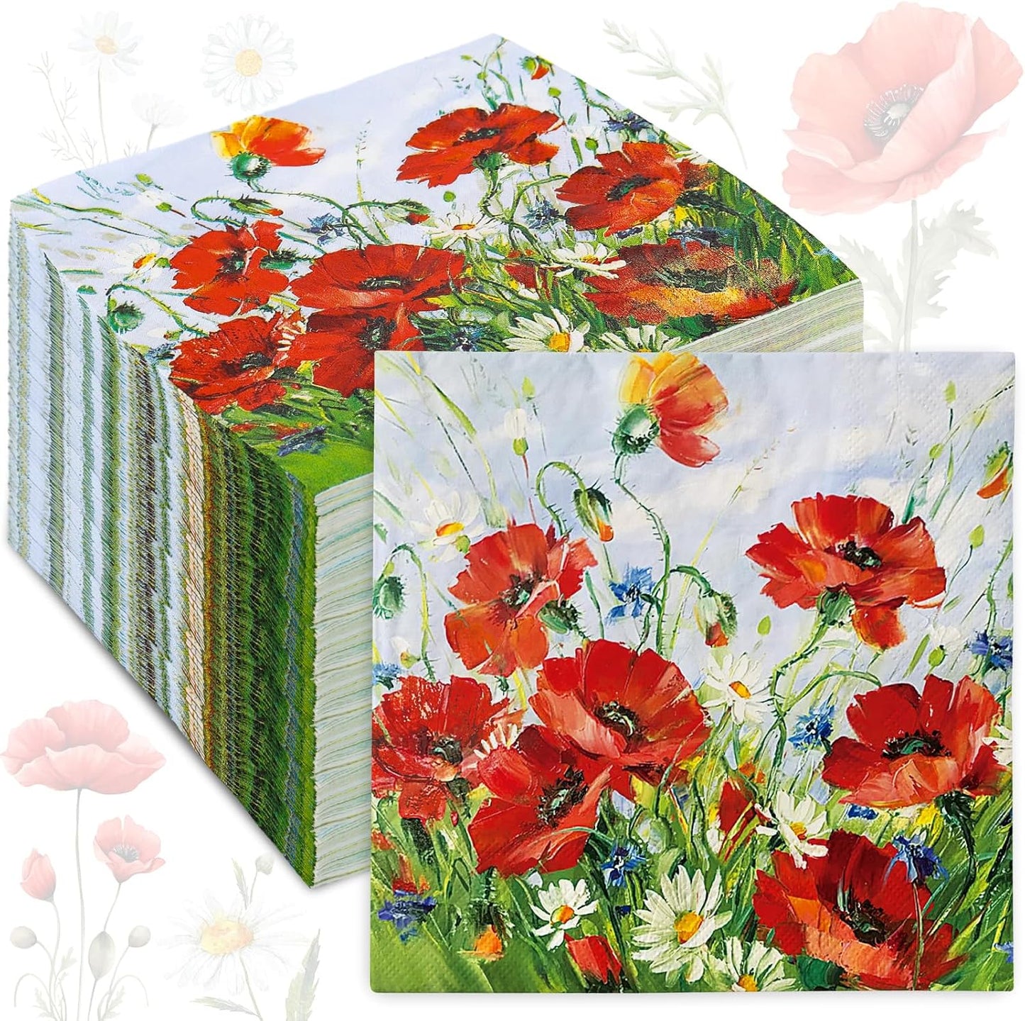 80Pcs Spring Floral Paper Napkins Red Flower Luncheon Napkins Vintage Red Poppy Dinner Hand Napkin for Party Home Restaurant Kitchen Supplies