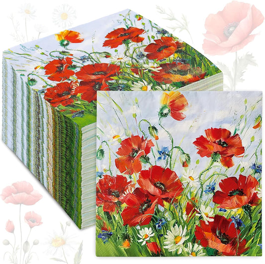 80Pcs Spring Floral Paper Napkins Red Flower Luncheon Napkins Vintage Red Poppy Dinner Hand Napkin for Party Home Restaurant Kitchen Supplies