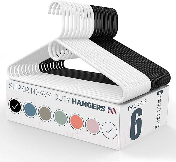 Neaties Super Heavy Duty Clothes Hangers 6 Pack â Made in The USA - 10lb Capacity, Thick Plastic Hangers for Pants, Coats, Jackets, Jeans and Adult Clothing â White & Black