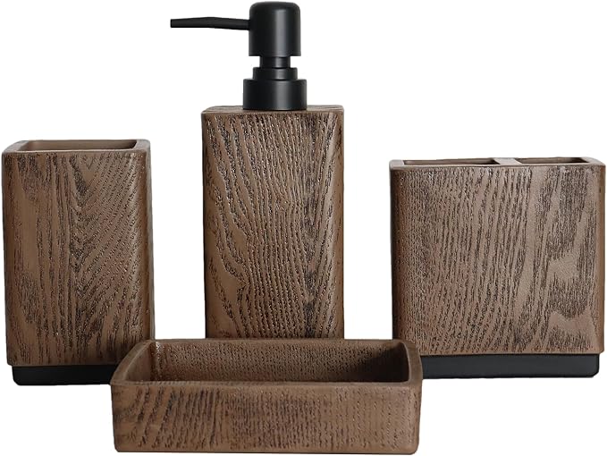 Hymmah Wood Grain Design Bathroom Accessories Set,Farmhouse Bathroom Decor,4 Pcs Resin Gift Set Apartment Necessities, Contain Cotton Swab Jar,Soap Dispenser,Tumblerï¼Soap Dish/Tray