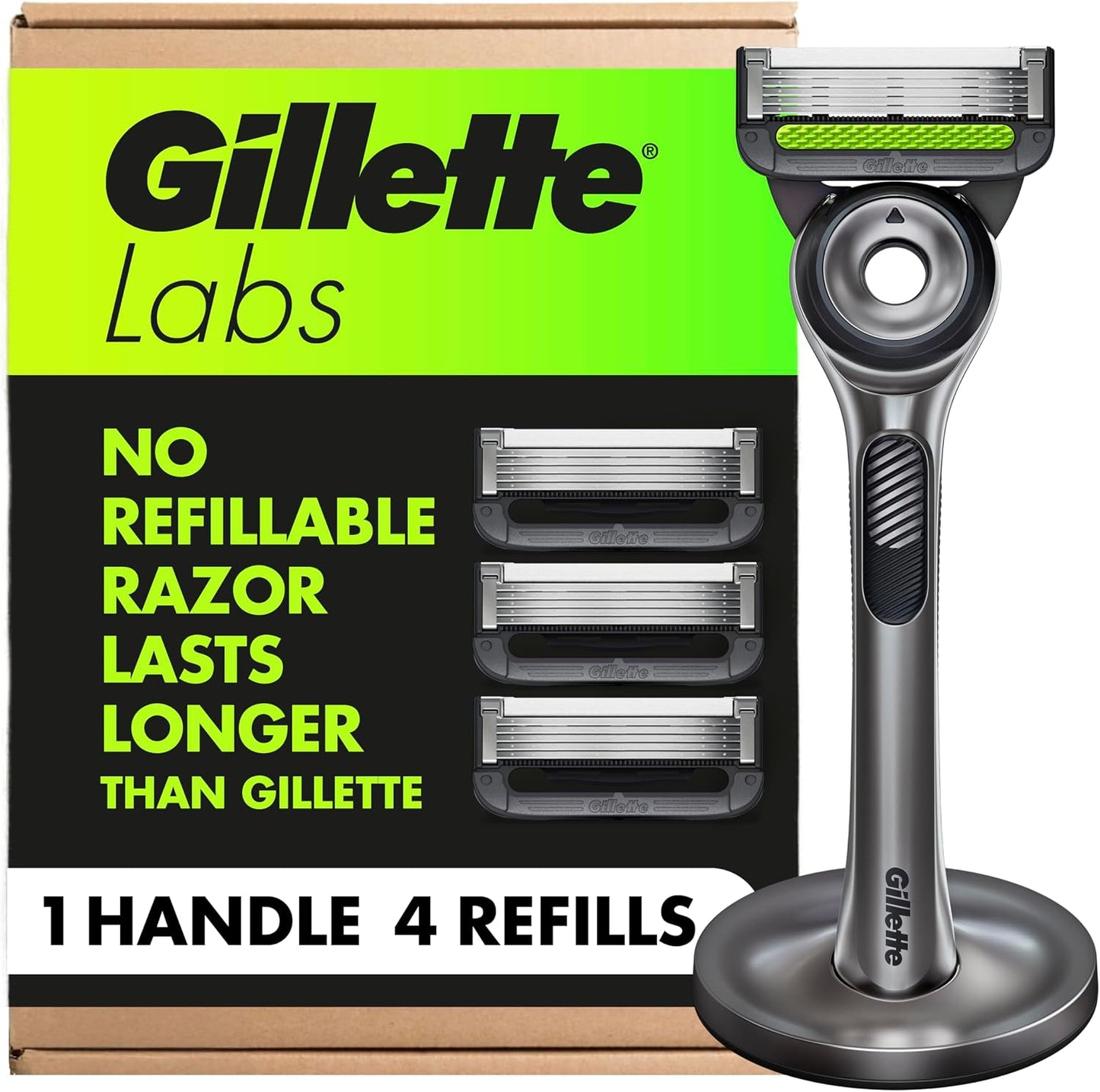 GilletteLabs Men's Shaving Razor with Exfoliating Bar, 1 Handle, 4 Blade Refills, Magnetic Stand