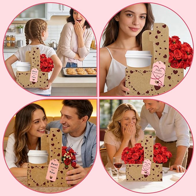 32 Set Drink Carrier,Cardboard Cup Holder with Love, Coffee Cup Holder with Handle,Coffee Carrier with Greeting Card and Ribbon for Valentine's Day Gifts Party Gift,Kraft