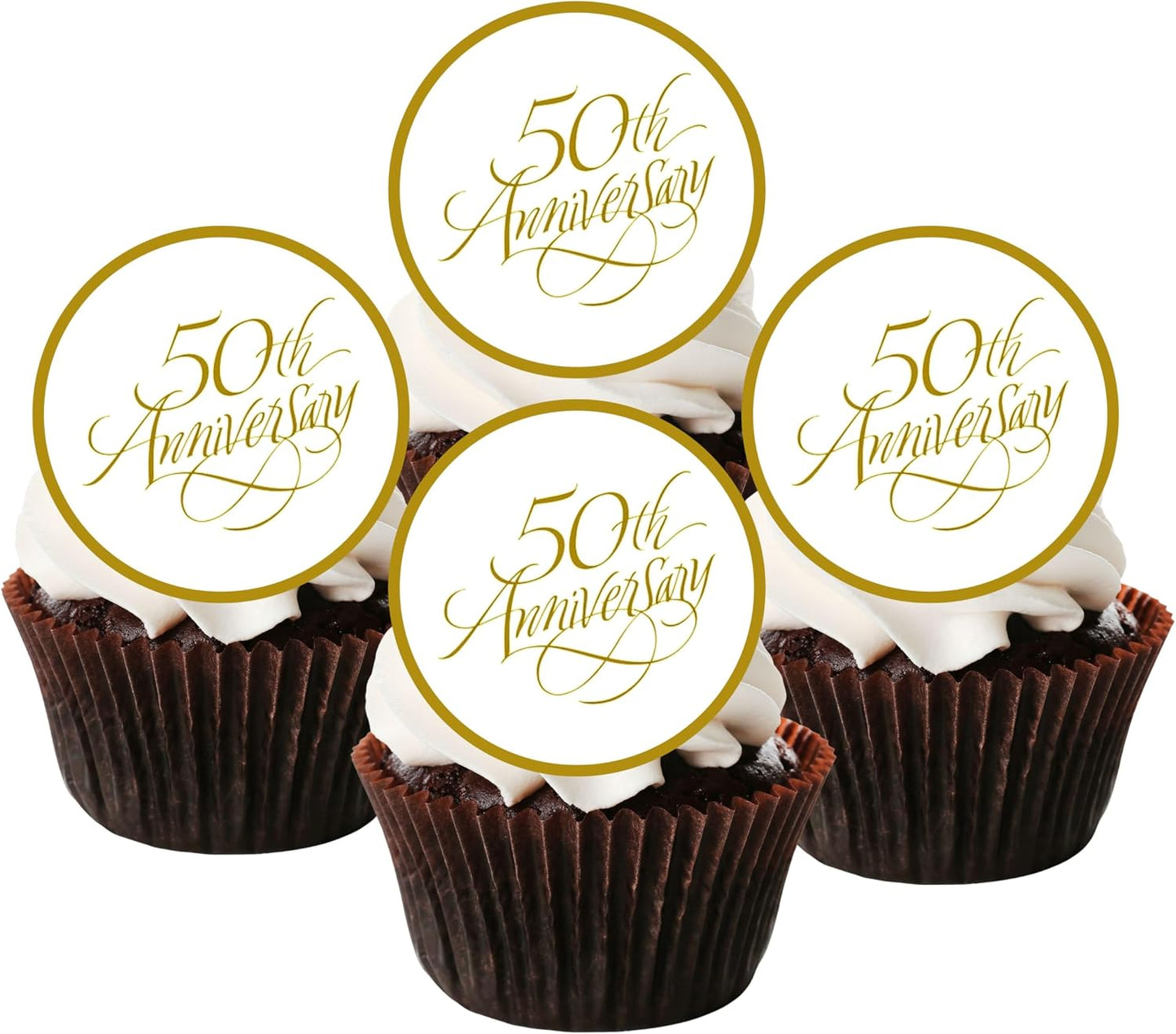 Gold 50th Anniversary Edible Cupcake Toppers – Golden Wedding Cake Decorations for 50 Celebrations & Parties – 24 x 4cm/1.5 Inch Discs (PRECUT)