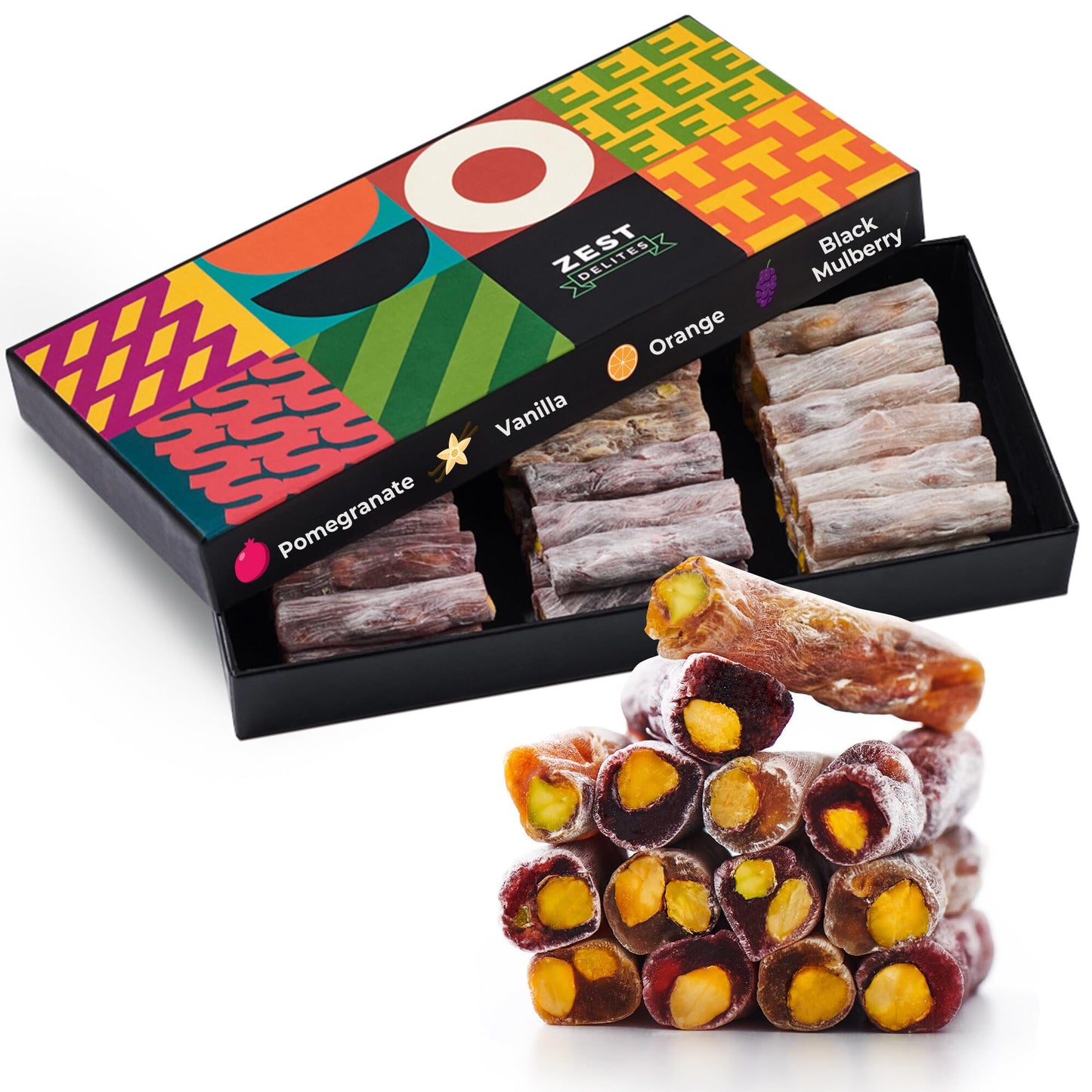 Turkish Delight by Zest Delites, Luxury Vegan Snacks with 30% Pistachio, Traditional Vegan Gift Basket, Turkish Delight Candy, Orange, Pomegranate, Vanillin, Black Mulberry, 8.82 oz