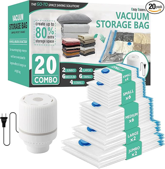 Cozy Essential 20 Pack Vacuum Storage Bags with Electric Pump, Vacuum Seal Space Saver Bags Compression for Clothing, Pillows, Blanket, Bedding, Comforters
