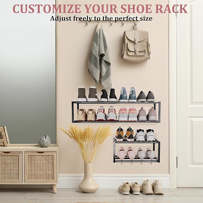 4 Pack Expandable Wall Mounted Shoe Rack, 17"-31" Adjustable Hanging Shoe Rack Holds 32 Pairs, Heavy Duty Metal Shoe Holder with 8 Storage Hooks, Space Saving for Entryway Closet Doorway（Black