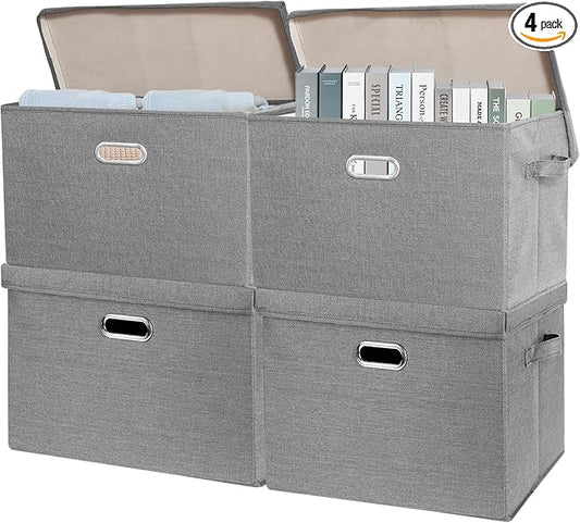 SNWDN 4 Pack Large collapsible Fabric Storage Bins with Lids Fabric storage box with lids for closet organizers and storage (grey 17.3x11.4x11.8 inches)