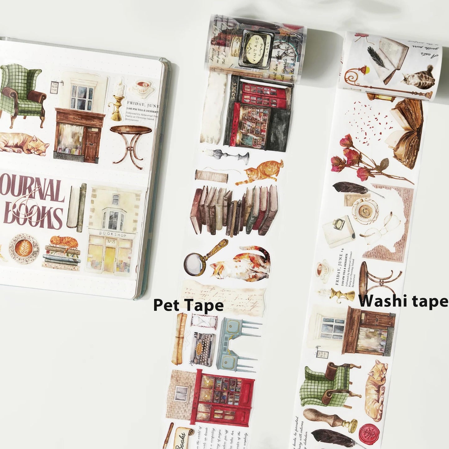 WT Pre-Cut Cats and Books Wide Washi Tape, One Roll 5 Meters, Decorative Cute Washi Tape for Bible Journaling, Bullet Journal Supplies,Scrapbooking Supplies,Planners, Party Decorations