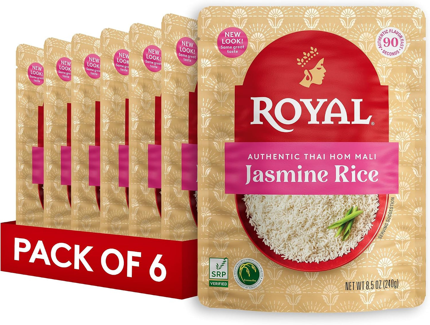 Royal Authentic Thai Hom Mali Jasmine Rice - Microwave Rice Dinner Side Dish - Ready to Heat White Rice - 8.5 oz Microwavable Pouch (Pack of 6)