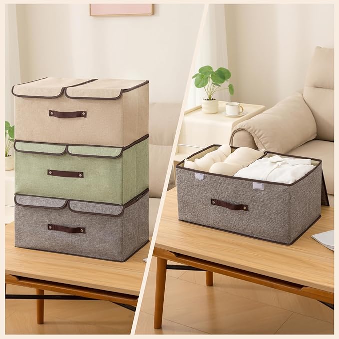 Linen Storage Boxes with Removable Dividers, 2-Pack Large Foldable Organizer Bins, Gray Fabric Containers with Handles for Clothes, Blankets, Underwear Storage (Beige, 2Pack*15L)