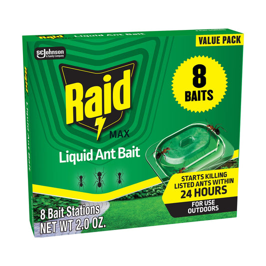 Raid Outdoor Liquid Ant Bait, Starts Killing Listed Ants Within 24 Hours, Effective Outdoors, Pre-Filled and Ready-To-Use - 8 Count