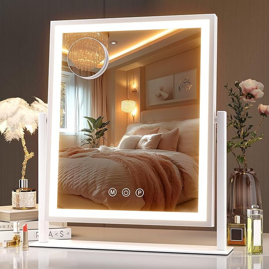 Hasipu Vanity Mirror with Lights, 12" x 14" LED Makeup Mirror, Light up Mirror with Smart Touch 3 Color Modes and Brightness Adjustment, 10X Magnifying Glass,360Â° Rotation