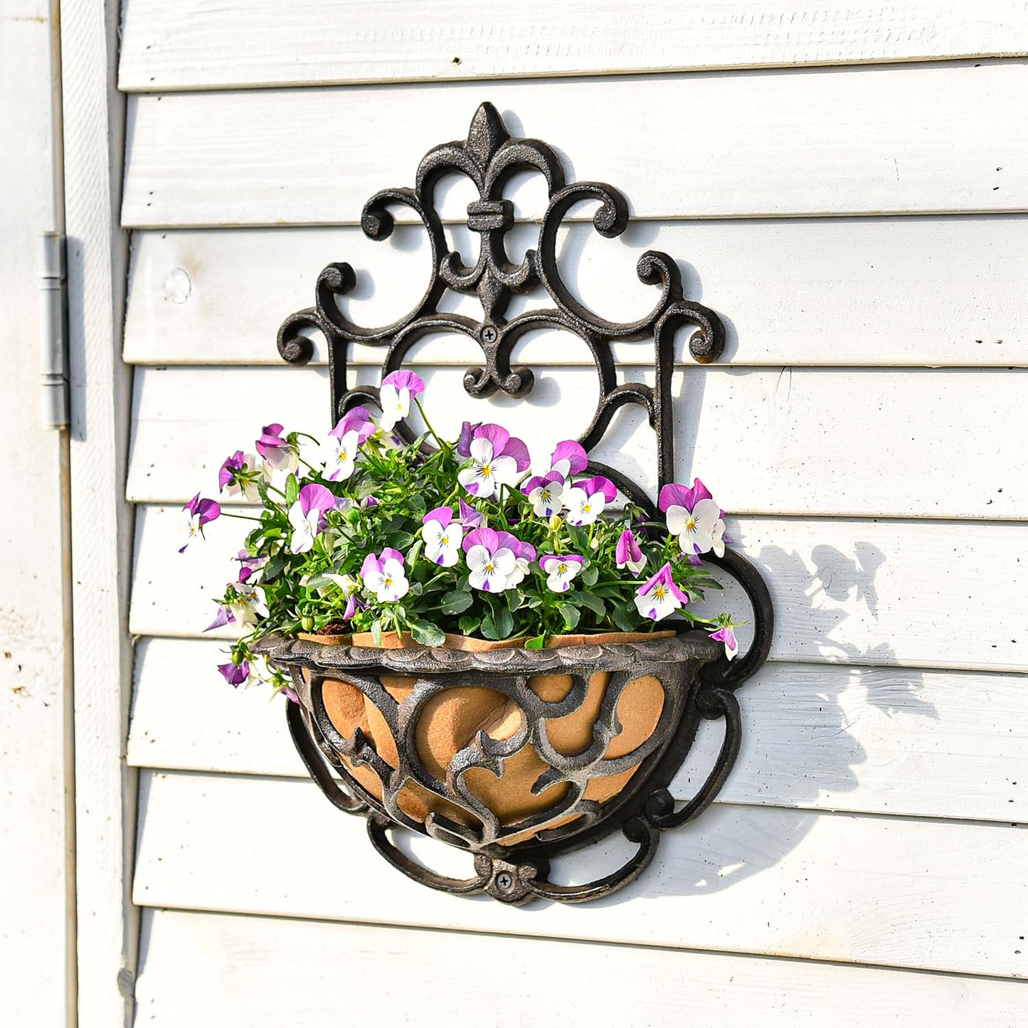 Sungmor 2 Pack Wall Hanging Planter Basket with Fabric Liner, Antique Victoria Style Cast Iron Wall Planter Holder, Outdoor Railing Fence Balcony Metal Hanging Basket Half Round Flower Pots