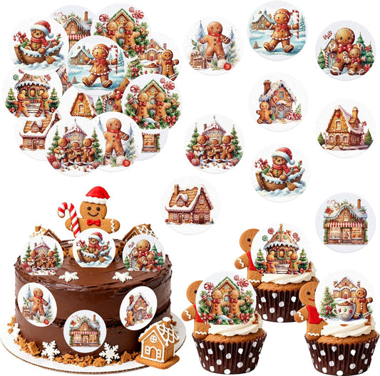 36PCS Edible Gingerbread Cupcake Toppers Wafer Paper Bread Man Christmas Tree Cupcake Toppers for Merry Christmas Theme Party Baby Shower Birthday Decor Supplies