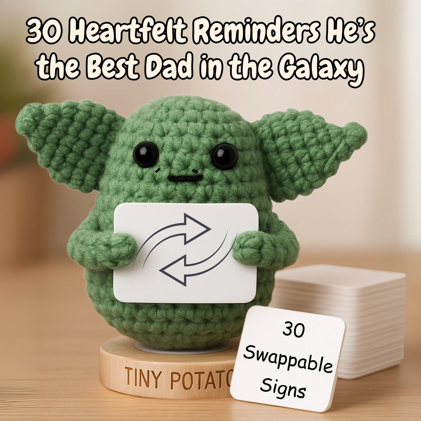 Dad Gifts From Son Daughter - Handmade Baby Yoda Positive Crochet with 30 Funny Signs - Yoda Best Dad Ever Birthday Gift for Husband, Stepdad, Friend - Funny Birthday Presents
