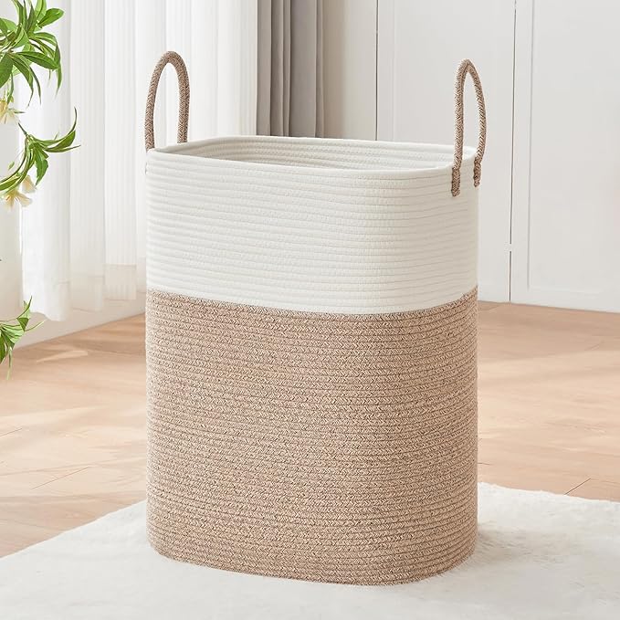 Laundry Basket with Handles - Blanket Basket & Hampers for Bedroom Aesthetic, Laundry Hamper & Blanket Storage for Living Room, Clothes Hamper, Tall, Large 17" x 14" x 26â, White & Rice Brown