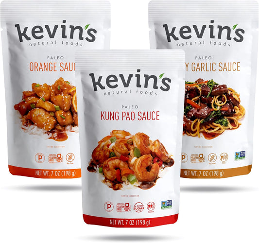 Kevin's Natural Foods Paleo Simmer Sauce Variety Pack - Stir-Fry Sauce, Gluten Free, No Preservatives, Non-GMO - 3 Pack (Orange/Kung Pao/Honey Garlic)