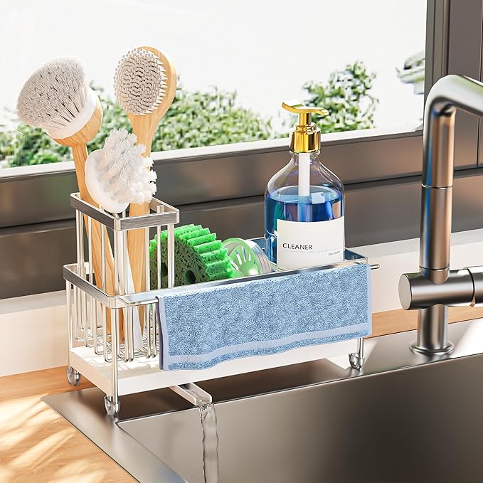 Cisily Sponge Holder for Kitchen Sink, Sink Caddy Organizer with High Brush Holder, Kitchen Countertop Organizers and Storage Essentials, Rustproof 304 Stainless Steel (Silver With Towel Rack, 9.25â³)