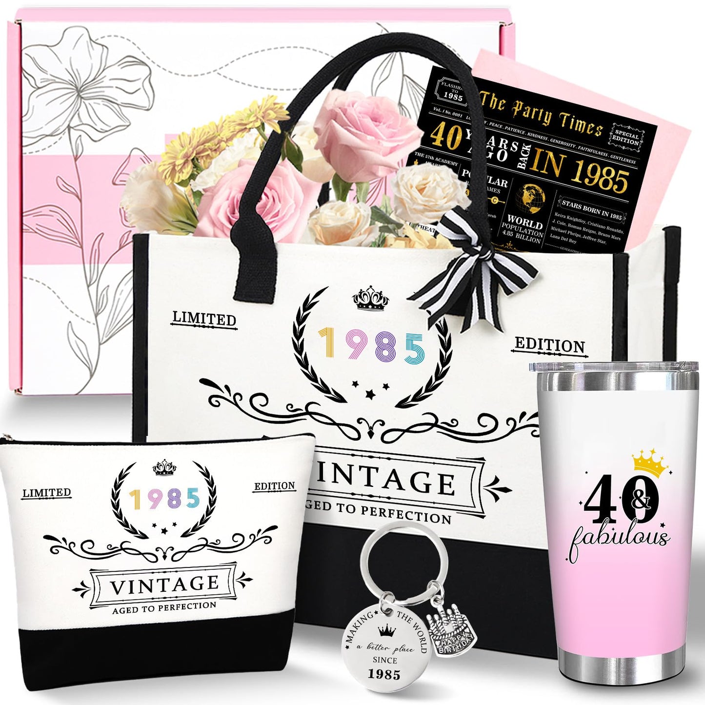 Unipinkart 40th 1985 Birthday Gifts for Women, 40 Year Old Birthday Fabulous Gifts for Women, Cool 40th Gift Canvas Tote Bag Set for Woman, Turning 40th Cup Gift Basket for Her Mom Sister Wife
