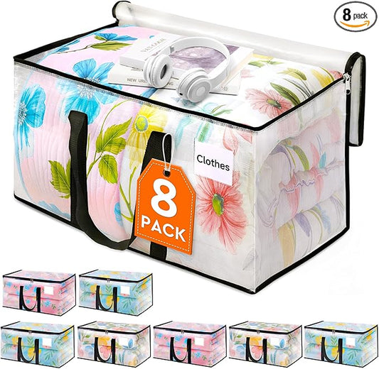 HomeHacks Clear Moving Bags Heavy Duty 8 Pack, Storage Bags with Zipper, Extra Thick Handles & Waterproof Packing Boxes for Moving, Camping, Home Organization 93L/24Gal (28.7"x14.2"x14")
