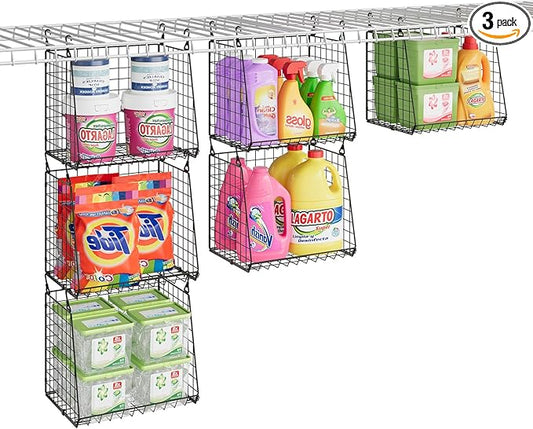 3-Pack Extra-Tall 13.6'' Hanging Laundry Basket Organizer, Foldable Wire Shelf with 360Â° Rotating Hooks & Reinforced Height - Durable Space-Saving Laundry Room & Closet Organizer, Black Patent