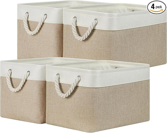 Temary Fabric Storage Baskets 4Pack Storage Bins Decorative Basket for Gift, Clothes Bin with Rope Handle, Rectangle Baskets for Storage, Blankets(White&Khaki,15x11x9.5 inch)