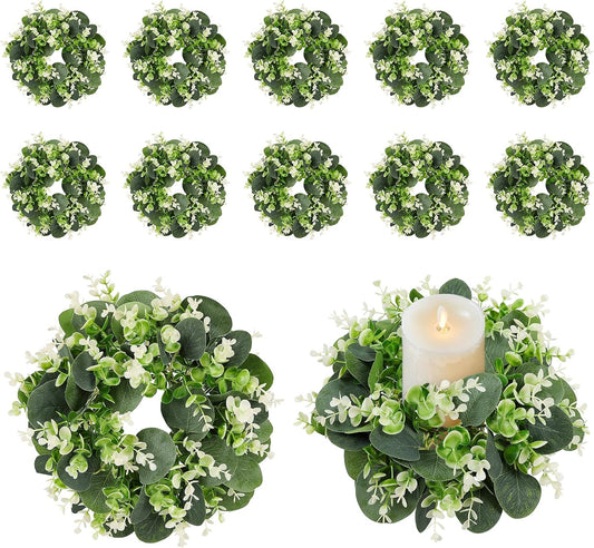 12PCS Artificial Eucalyptus Leaves Small Wreaths Green Candle Rings, Wreaths Spring Summer Greenery Garland Pillar Candle Holder for Home Wedding Party Table Centerpiece Decoration