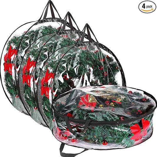 Shappy 4 Pieces Clear Christmas Wreath Storage Container 24 Inches Xmas Wreath Storage Bag Plastic Christmas Garland Container with Dual Zippers and Reinforced Handles for Xmas Seasonal (Black)