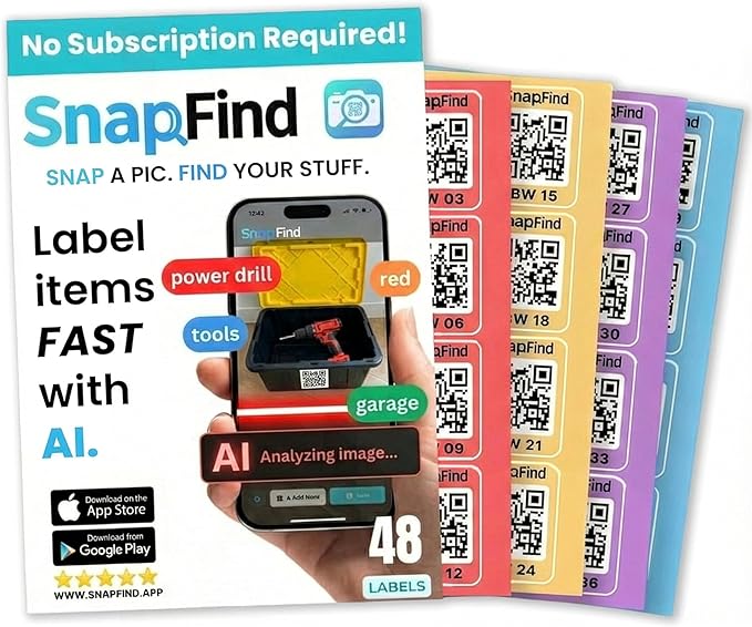 Smart QR Code Labels â AI Auto-Labeling, No Typing! Storage Bins & Moving Containers â iOS and Android App â 48 Color-Coded Stickers (2.5" x 2.5")