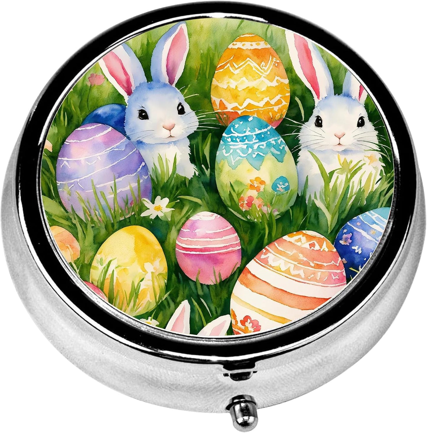 Pill Box, 3 Compartments Small Pill Case Travel Portable Metal Medicine Box with Mirror Mini Container for Purse Pocket Women Men(Easter Bunny Egg)