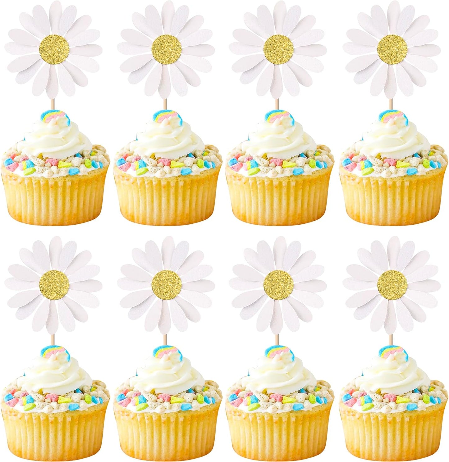 24 PCS Daisy Cupcake Toppers Glitter White Daisy Cupcake Picks Chrysanthemum Cupcake Decorations for Spring Wildflowers Theme Baby Shower Birthday Wedding Party Cake Decorations Supplies