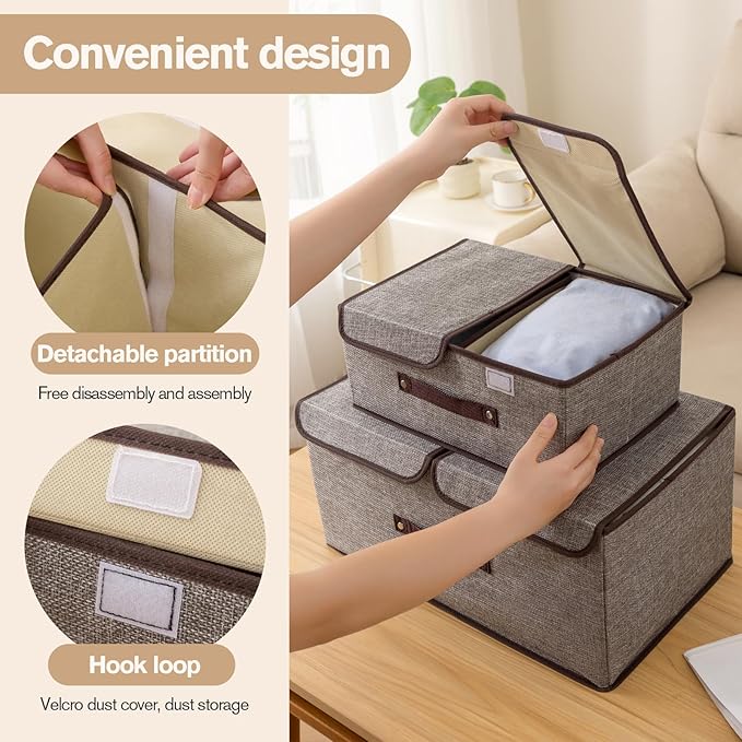 Linen Storage Boxes with Removable Dividers, 2-Pack Large Foldable Organizer Bins, Gray Fabric Containers with Handles for Clothes, Blankets, Underwear Storage (Beige, 2Pack*37.5L)