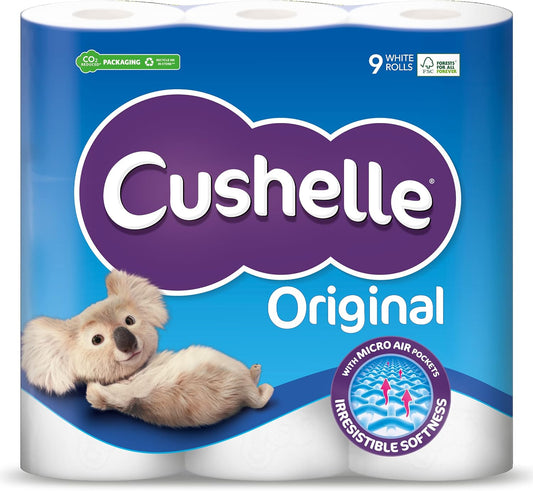 Cushelle Original Toilet Paper Bulk Buy, White 2 ply Toilet Rolls, 9 Count (Pack of 1)