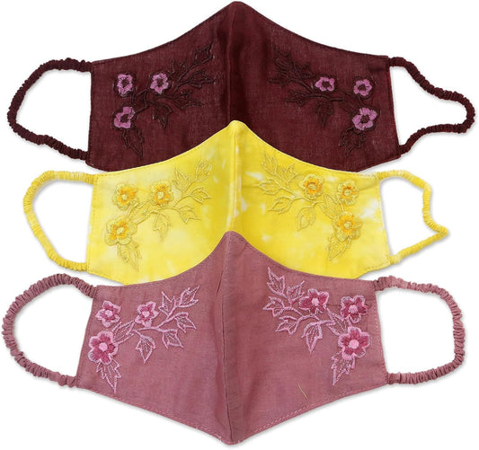 NOVICA Artisan Handmade Embroidered Cotton Face Masks 3 Colorful Floral Embroidery Contoured Accessories Assorted Triple Layer Ear Loop Solidembroidered Indonesia ' Cheerful Floral Trio' Set of 3