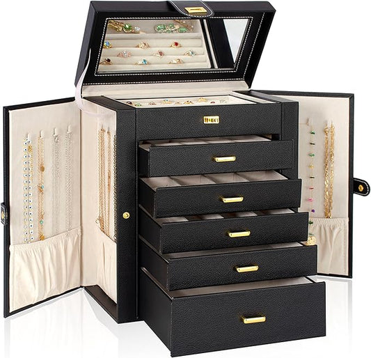 AKOZLIN Large Jewelry Box Organizer Functional Lockable with Big Mirror, Leather Jewelry Storage Case for Women Girls Ring Necklace Earring Bracelet Holder Organizer