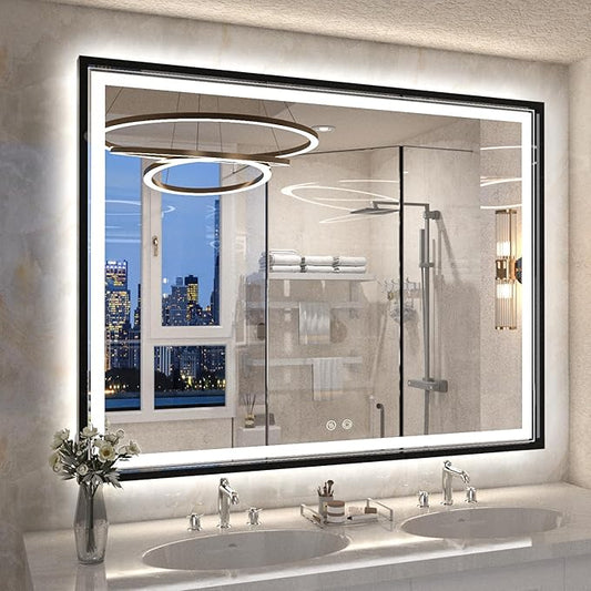 48x30 Inch LED Bathroom Mirror with Lights,Frontlit & Backlit Black Metal Frame Mirror,Wall Mounted Lighted Vanity Mirrors,Double Lights Strips,Anti Fog Dimmable & 3000K-6000K