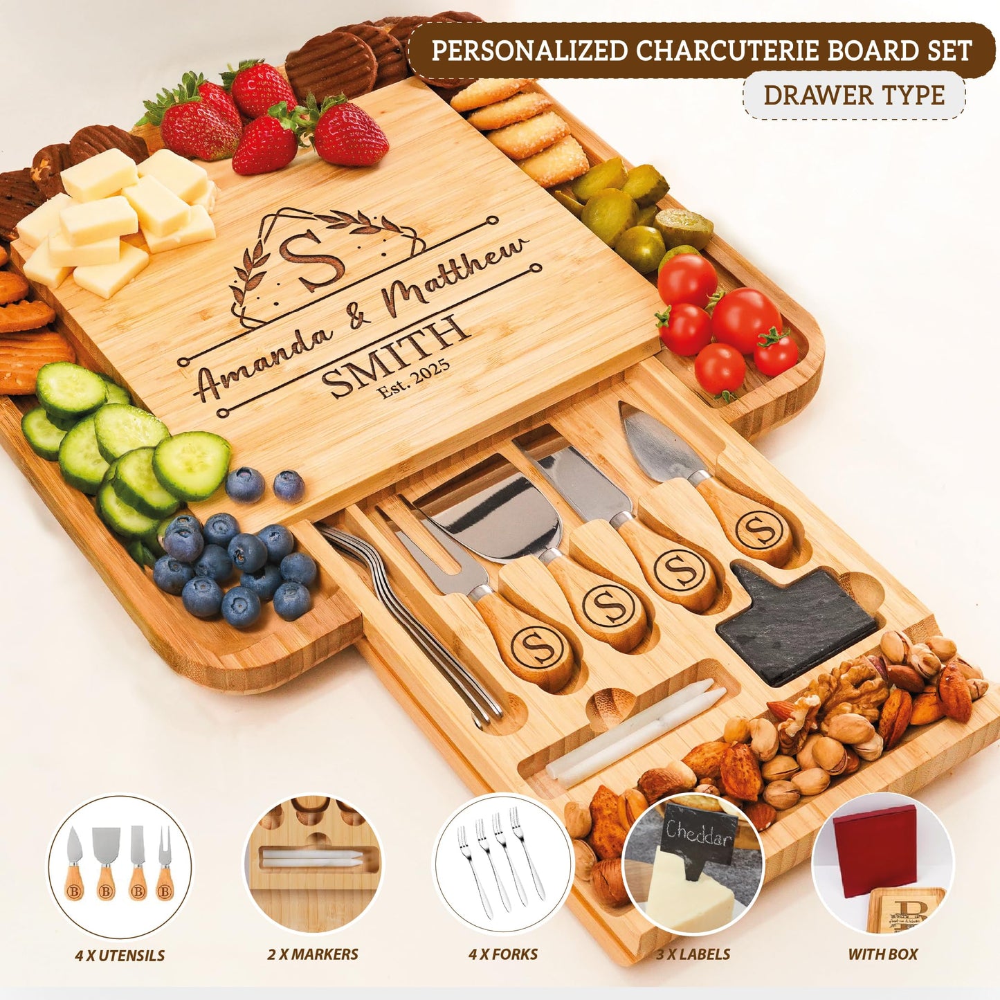 Personalized Charcuterie Board, Wedding Gifts for Couples 2025, Custom Cheese Boards Bridal Shower Gifts, Housewarming Gifts for Christmas, Anniversary, Engagement, New Home, Bride, Parent, Women