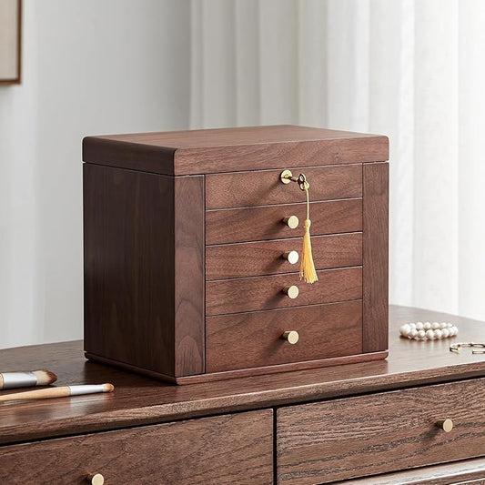 Black Walnut Wooden Jewelry Box, Wood Jewelry Organizer with 2 Side Doors Mirror Lockable Classical Style for Watch Necklace Ring Earring Storage Valentines Day Gifts for Her-5 Layer