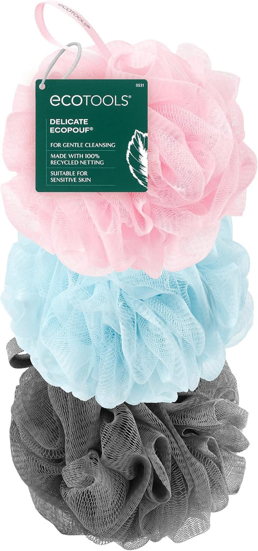 EcoTools EcoPouf 3 Pack Bath Sponge Set, Soft Recycled Netting Shower Poufs for Gentle Exfoliating & Daily Body Cleansing, Rich Lather Bath Sponges, Vegan & Cruelty-Free