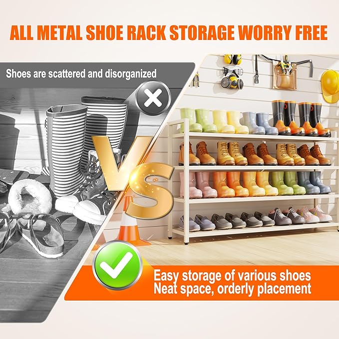 5-Tier Shoe Rack, Large Capacity Metal Free Standing Shoes Rack, Sturdy and Durable Shoe Organizer, Shoe Shelf for Closet, Entryway, Bedroom, for 28-30 Pairs, 42.1" W x 9.8" D x 35.4" H, White