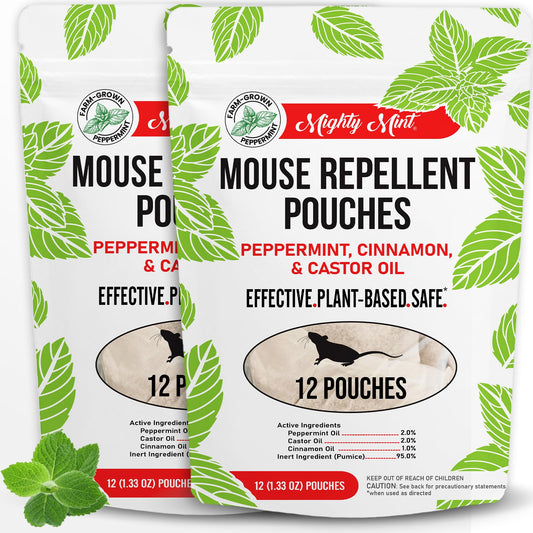 Mighty Mint Mouse Repellent Pouches â Peppermint, Castor Oil & Cinnamon Formula â Natural Indoor Deterrent for Mice and Rodents â Plant-Based, Long-Lasting Protection â 12 Count (Pack of 2)