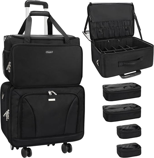 MONSTINA Rolling Train Case with Wheels, Extra Large Makeup Bag with 4 Bags Professional Hairdressing Bag Hairstylist Travel Bag Cosmetology Case on Wheels for Makeup Artist Hairstylist