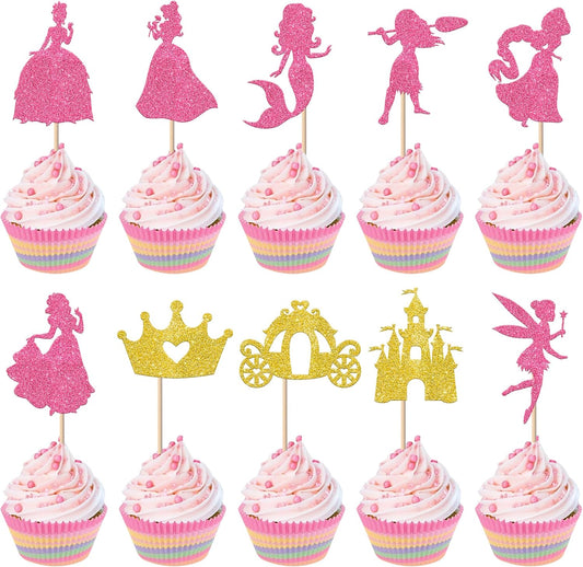 Rsstarxi 40 Pack Princess Cupcake Toppers Pink Glitter Fairy Mermaid Girl Castle Carriage Crown Cupcake Picks for Princess Theme Baby Shower Girls Birthday Party Cake Decorations Supplies