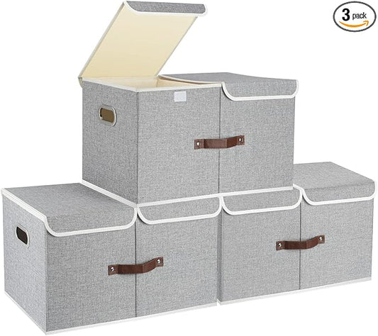TYEERS Extra Large Collapsible Storage Bins with Lids and Compartments, Organizing Bins for Closet Storage, Clothes Storage, Cube Organizer for Home Office Storage - 3 Pack - Gray