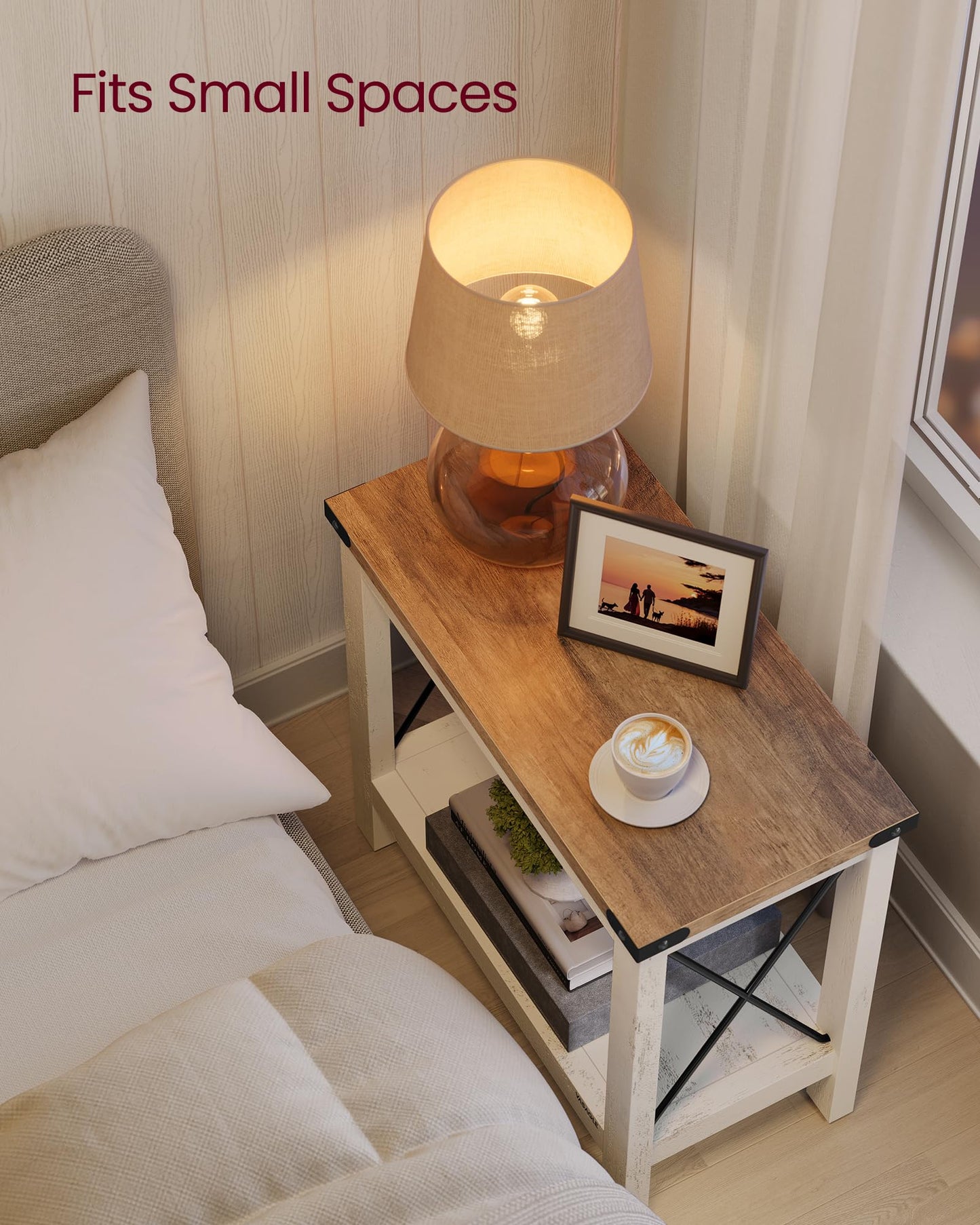 VASAGLE 2-Tier Side Table, End Table with Bottom Shelf, Nightstand for Small Spaces, for Living Room, Bedroom, Farmhouse Style, Rustic White and Honey Brown LET235W01